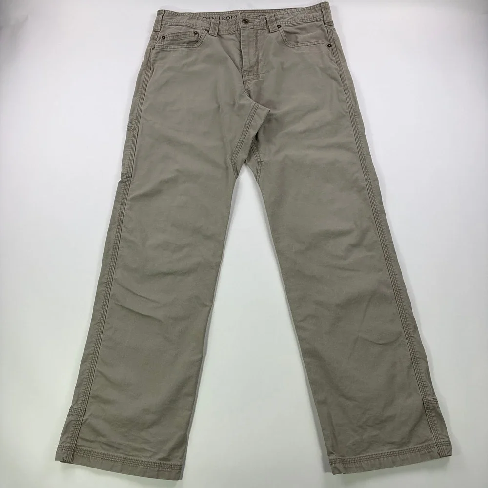Prana Bronson Pants Mens 34x32 Khaki Tan Organic Cotton Straight Outdoor Hiking